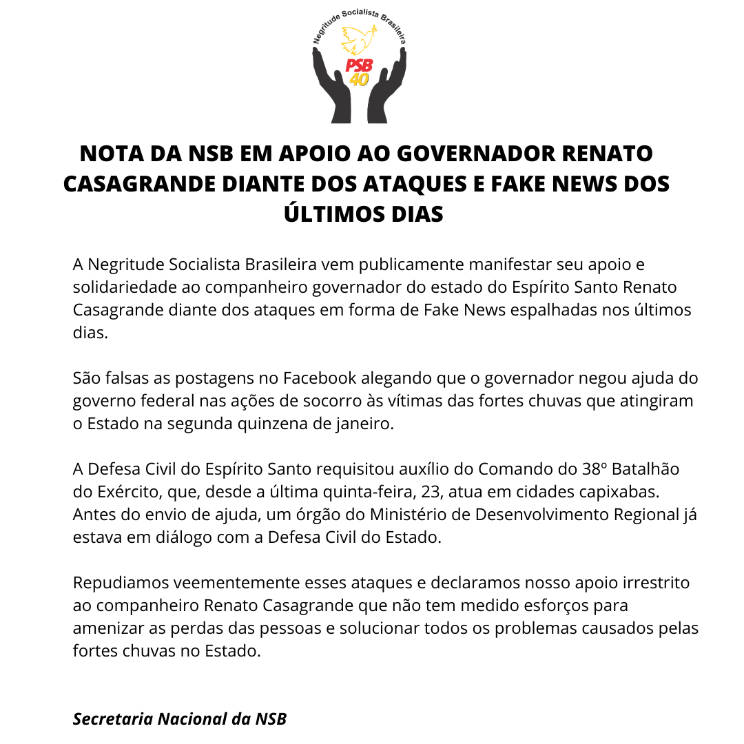 NOTA DA NSB EM APOIO AO GOVERNADOR RENATO CASAGRANDE DIANTE DOS ATAQUES E FAKE NEWS DOS ÚLTIMOS DIAS